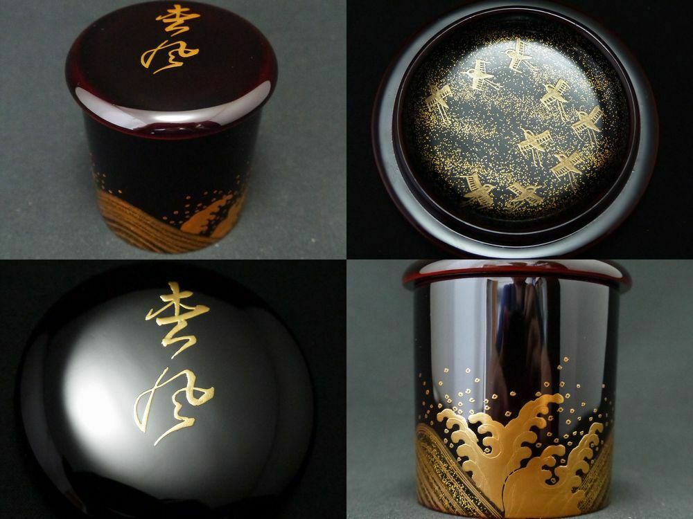 Japan Lacquer Wooden Tea Caddy Shiokumi Kabuki Dance Images In Makie Zukiri  616