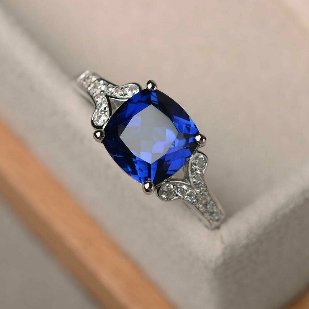 2.50ct Cushion Cut Blue Sapphire Diamond Solitaire Ring 14k White Gold Finish
