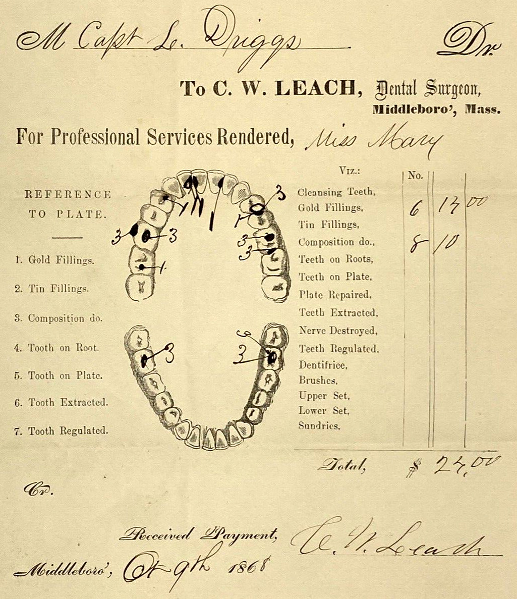 1868 Dental Surgeon Dr Cw Leach Middleboro Mass Illustrated Bill Antique Dentist