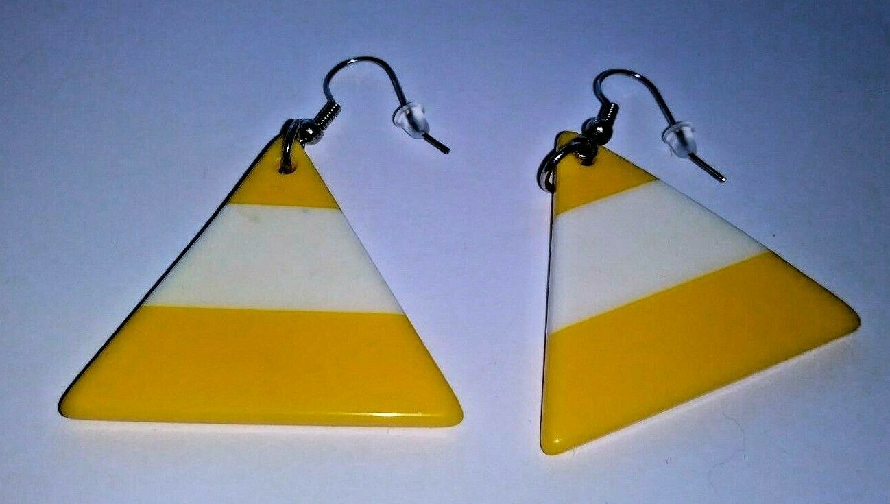 Mod Retro Lucite Earrings Triangle Dangle Drop Bright Yellow & White Hookback