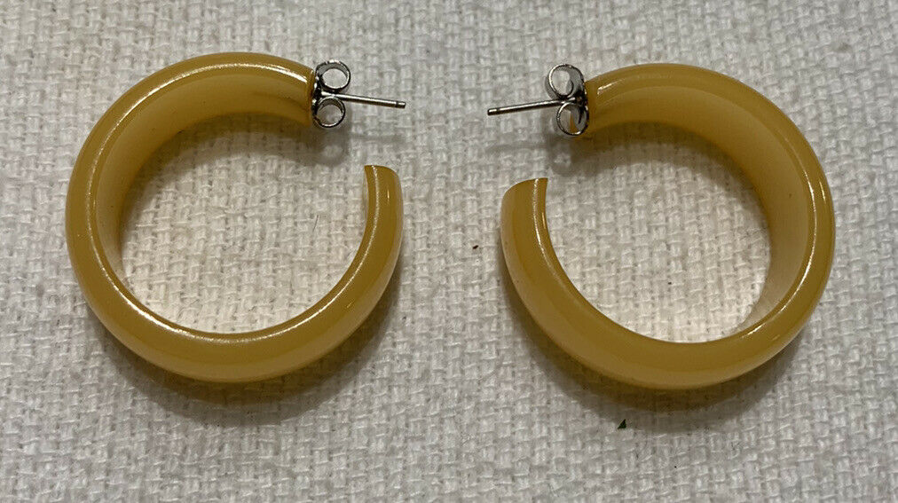 Pair Vintage Bakelite ? Hoop Pierced Earrings Yellow Color