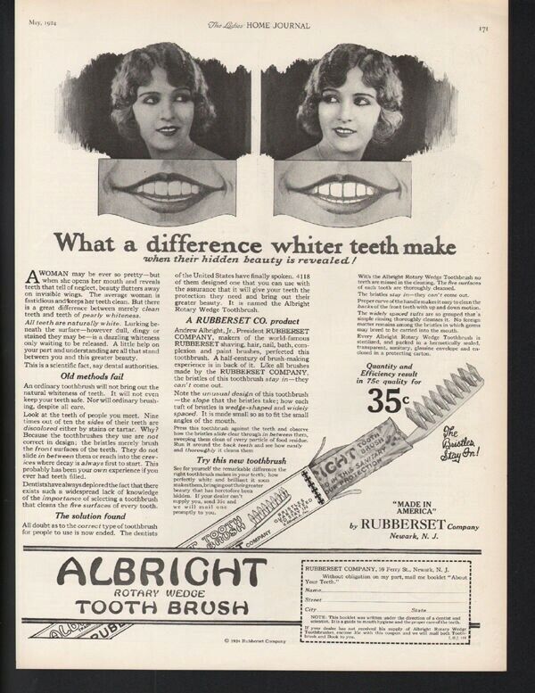 1924 Albright Tooth Brush Dental Hygiene Dentist Wedge Teeth Health White 22033