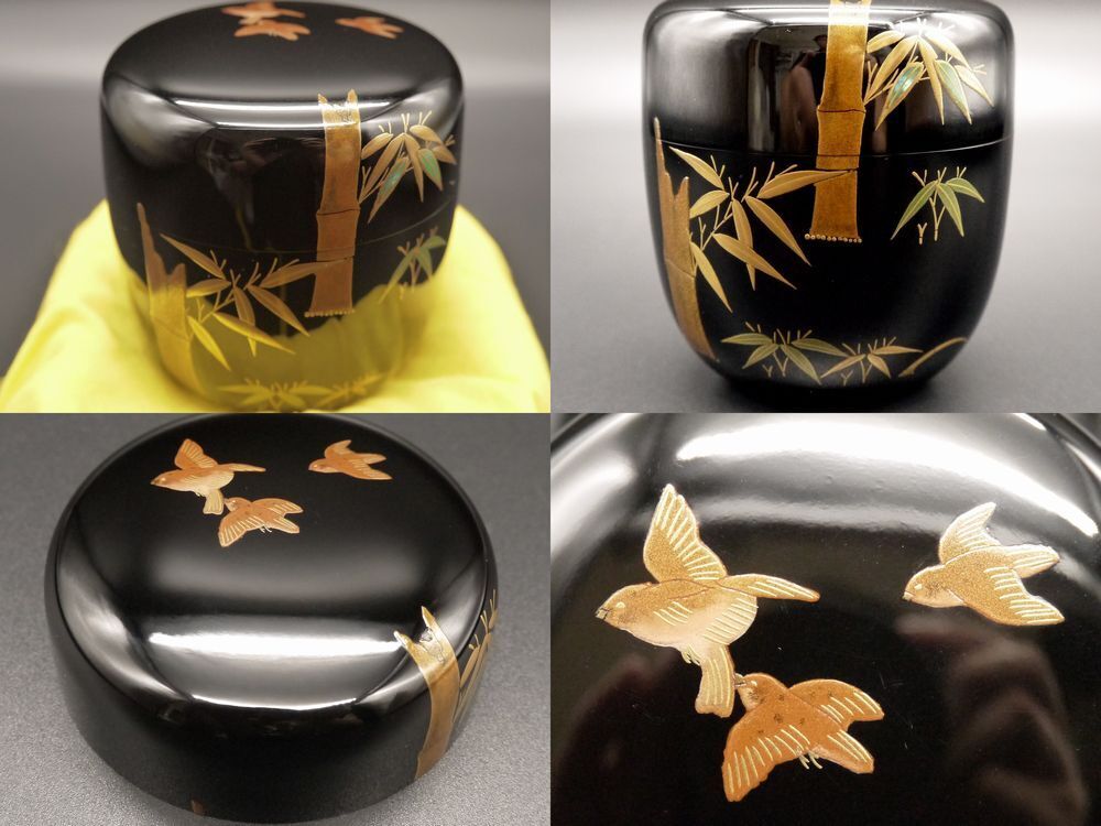Japan Lacquer Wooden Tea Caddy Bamboo Sparrow Design In Makie Chu-natsume  (909)