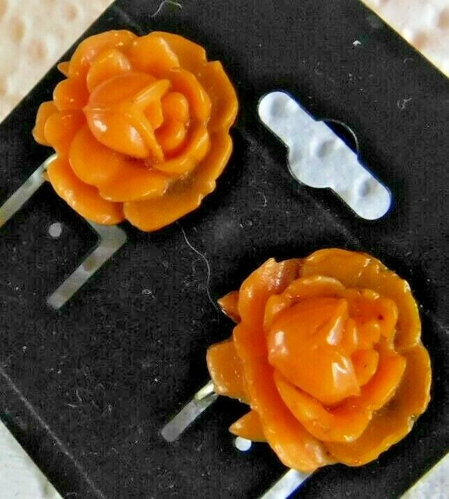 Vintage Pair Celluloid Earrings Carved Molded Orange / Amber Rose Bud Screw Back