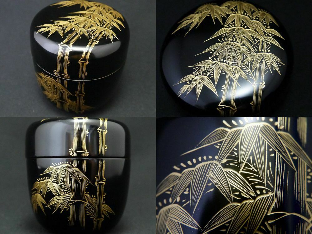 Japanese Lacquer Wooden Tea Caddy Bamboo Design In Chinkin Natsume (629)